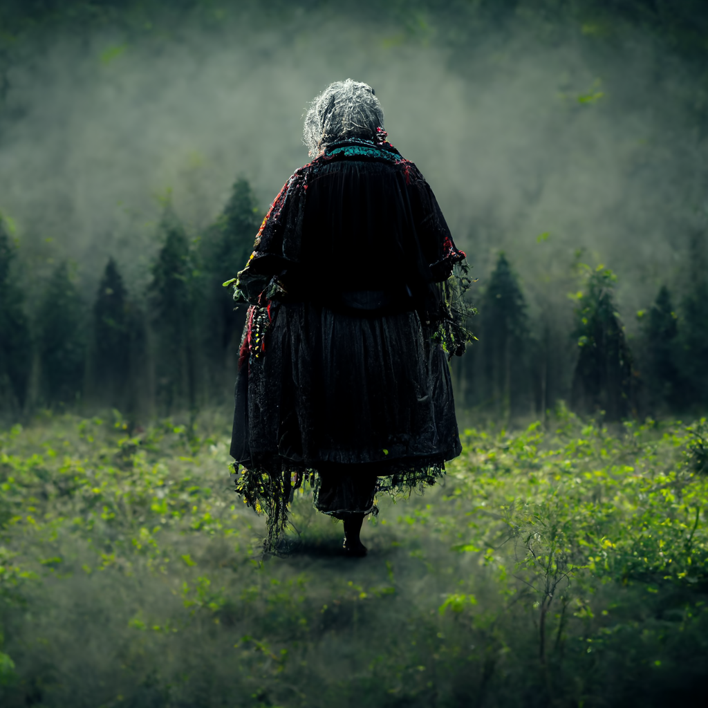 晨雾中身着层叠长裙的背影