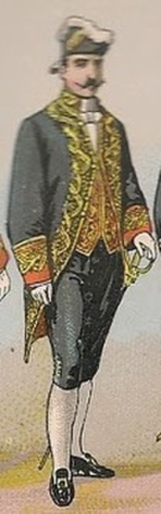 19世纪宫廷绅士插画，展示灰蓝色调服饰